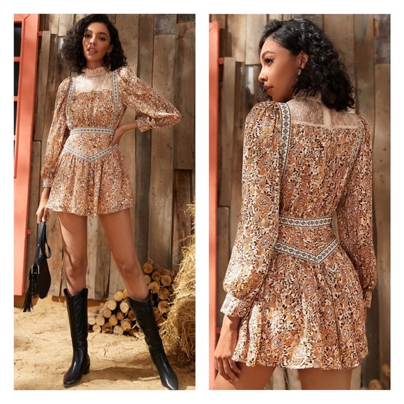 SHEIN Mini Floral Printed High Neck Ruffle Lace Trim Long Sleeve Mini Dress XS 2 - Picture 4 of 16